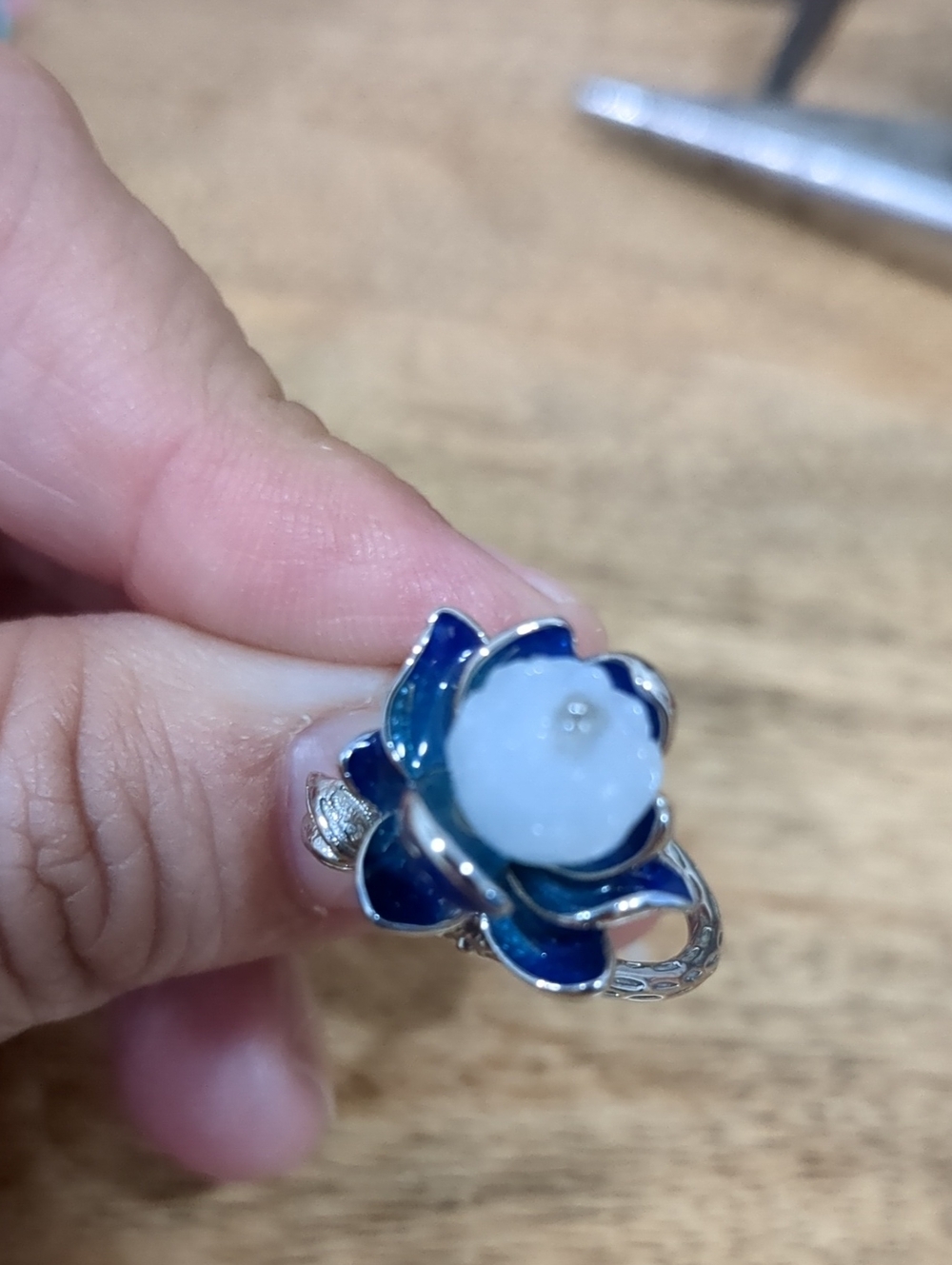 Sterling Silver Blue Enamel Lotus Ring with White Center Stone